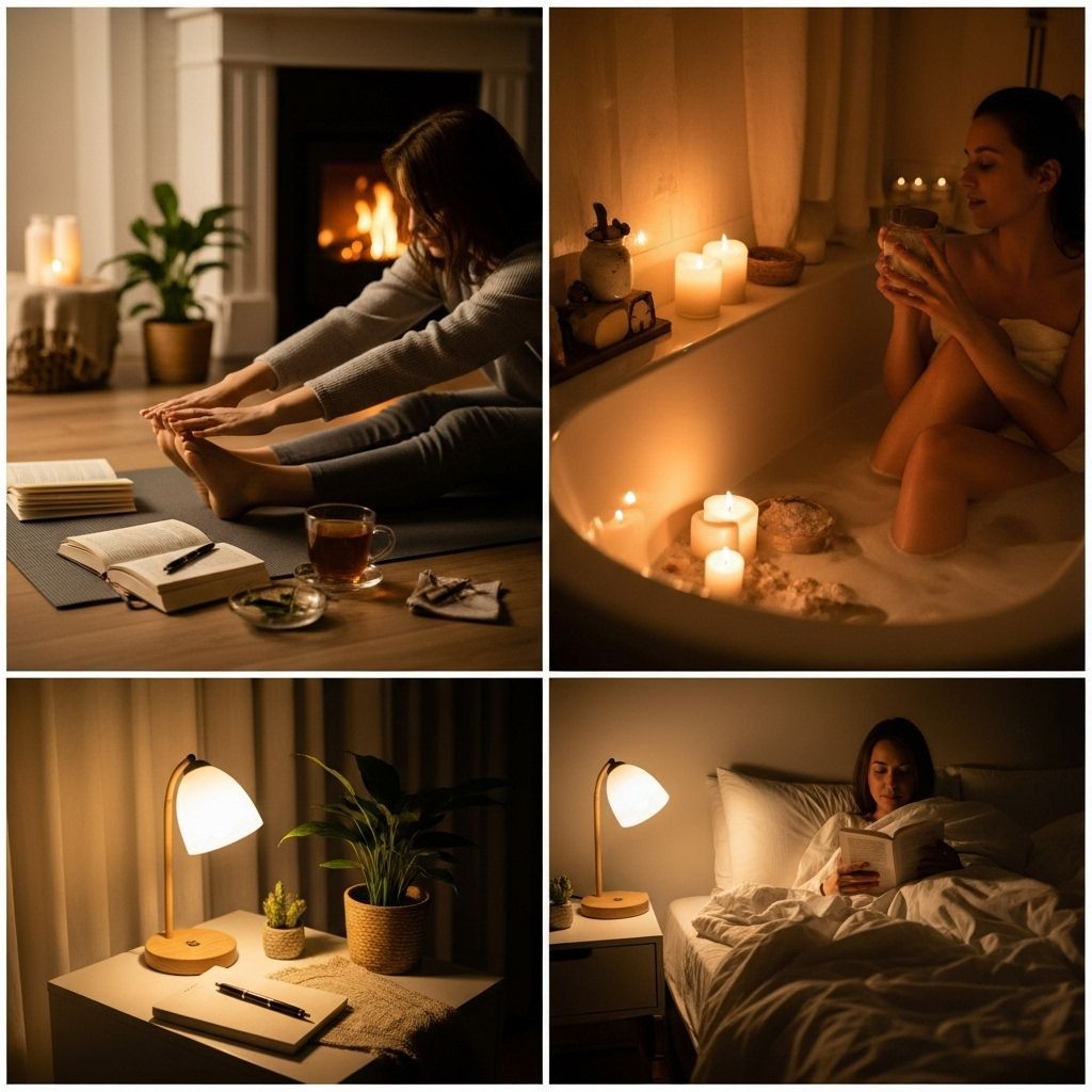 Softly lit bedroom with warm ambient lighting suggesting a peaceful evening atmosphere